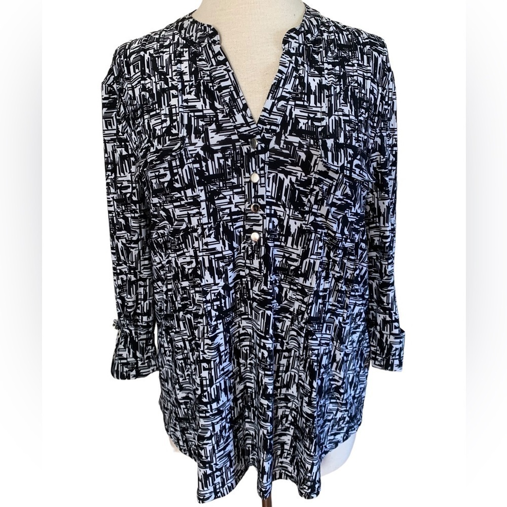 COCOMO 3/4 sleeve white black women’s Pintuck Blouse top shirt LARGE